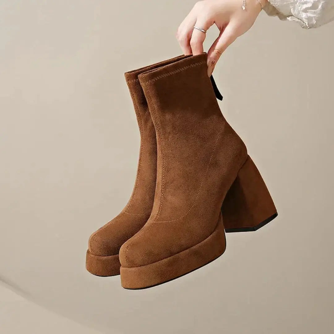 Women's faux suede block heel zip-up ankle boots in neutral tone with plush refined finish