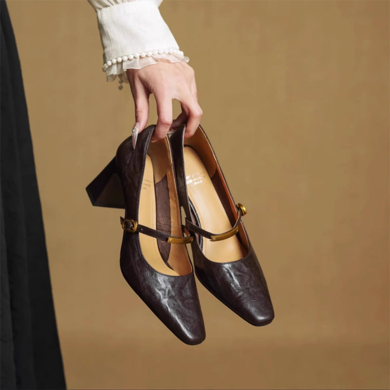 Women's genuine leather square-toe Mary Jane heels in classic style with adjustable strap