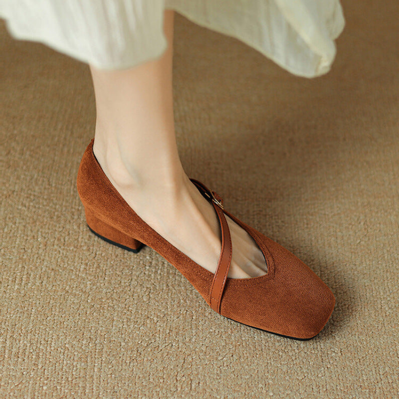Marisol beige suede Mary-Jane pumps with buckled strap and cushioned insole for all-day comfort
