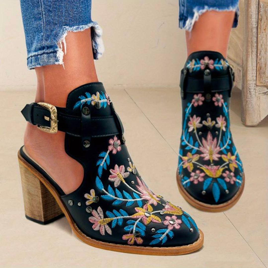 Women's floral embroidered western ankle boots with block heel, adjustable buckle strap, chic boho style
