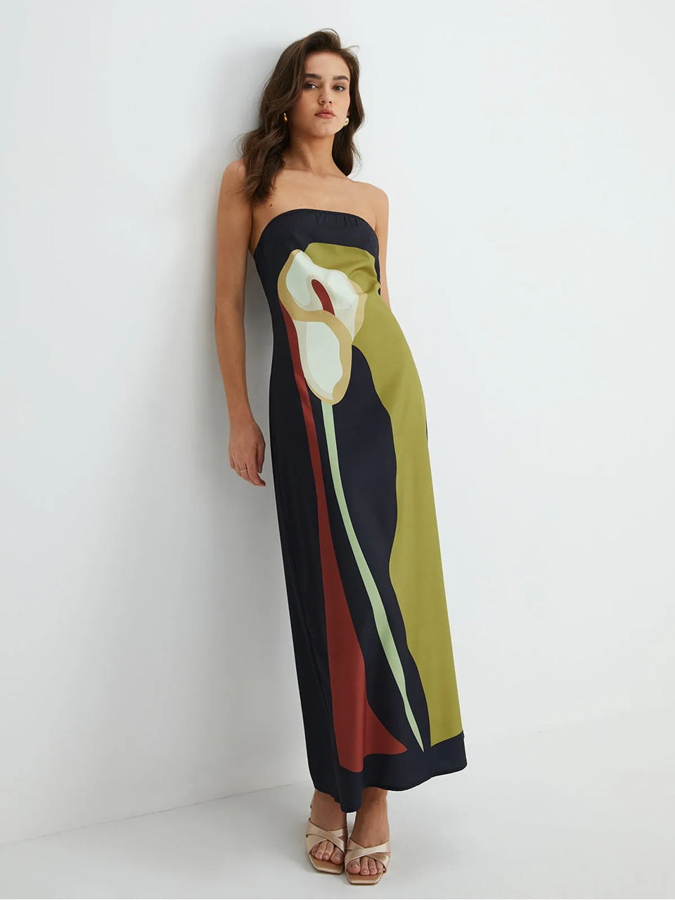 Calla strapless maxi dress bold printed summer pattern full-length silhouette contemporary party wear