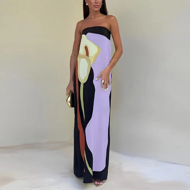 Calla strapless maxi dress bold printed summer pattern full-length silhouette contemporary party wear
