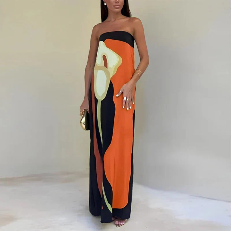 Women's strapless maxi dress bold printed summer pattern full-length contemporary party silhouette