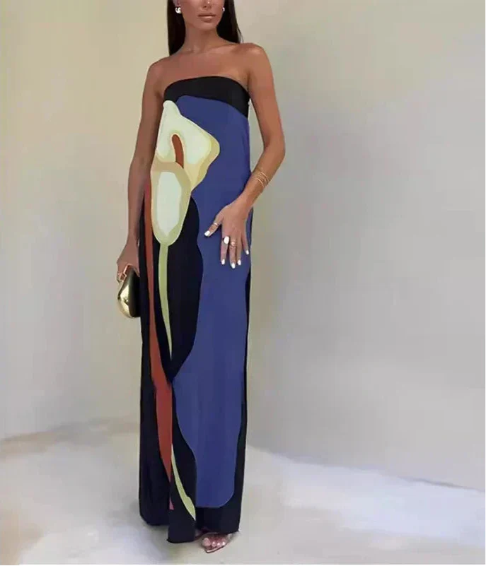 Calla strapless maxi dress bold printed summer pattern full-length silhouette contemporary party wear
