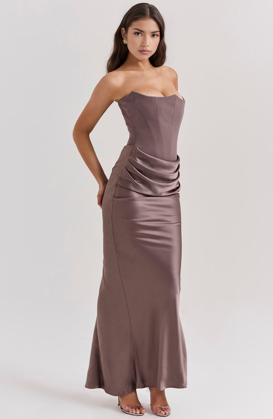 Black strapless corset maxi dress with figure-sculpting silhouette for elegant evening wear
