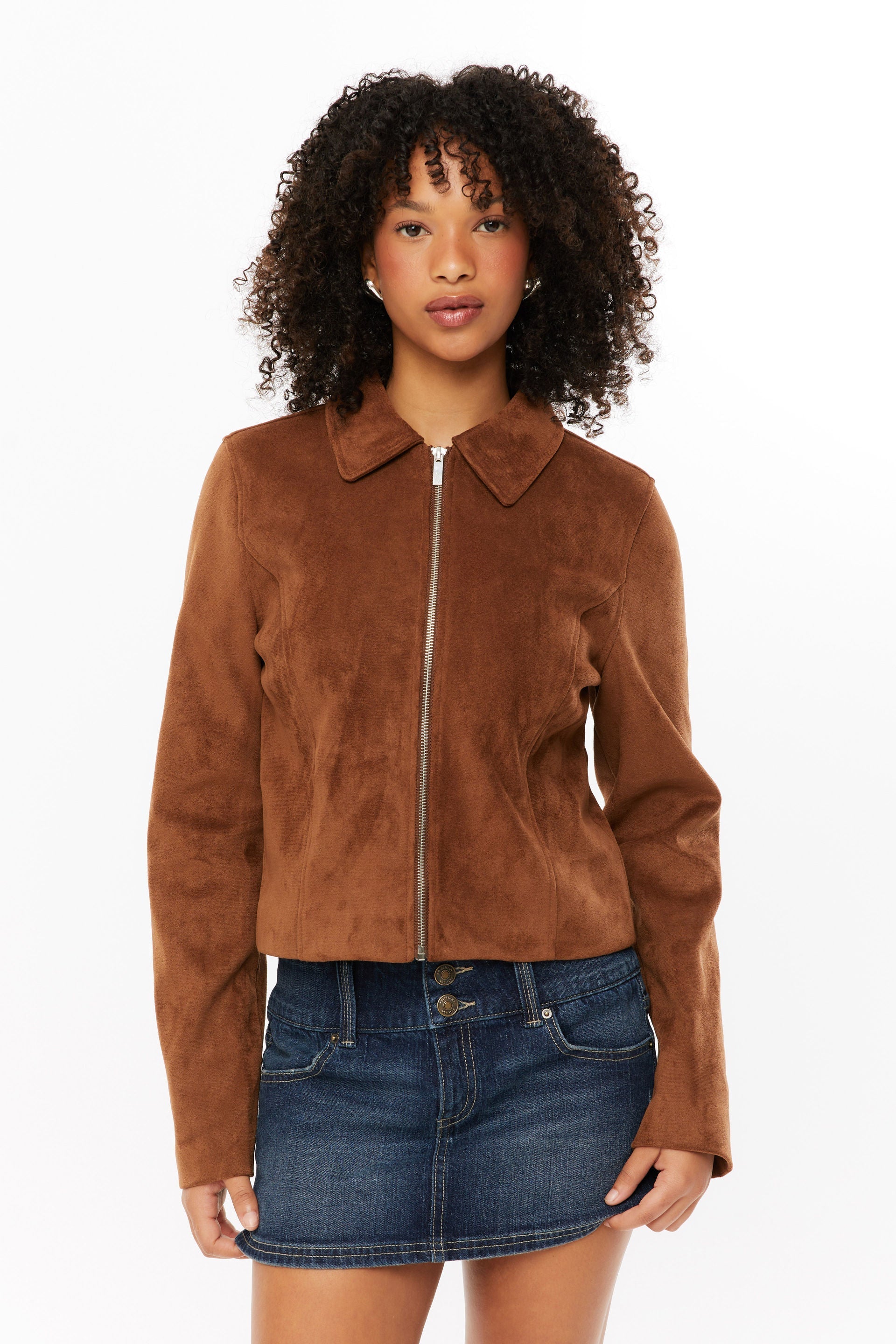 Women's cropped faux suede jacket tailored fit full zip retro modern style versatile outer layer