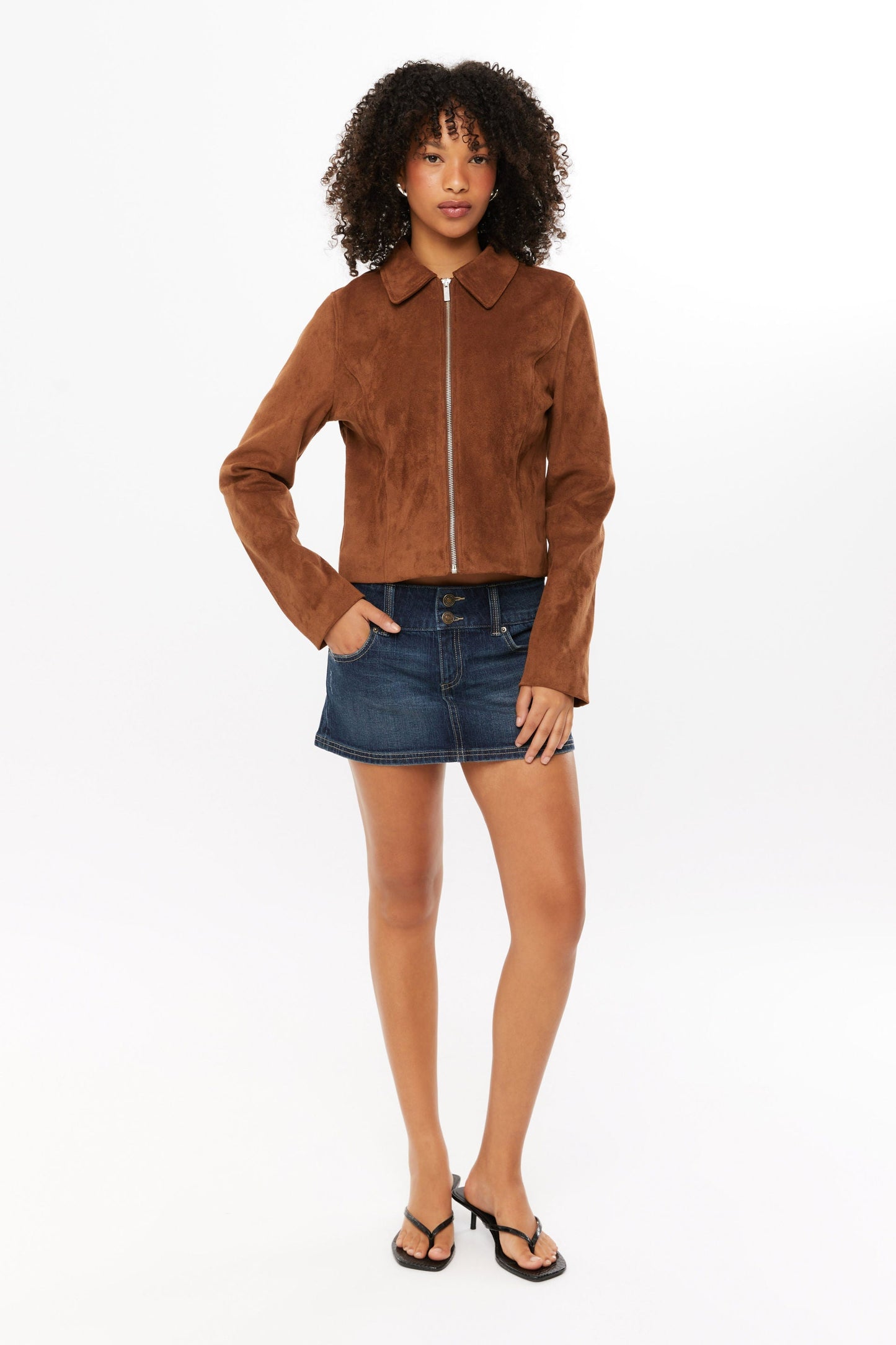 Women's cropped faux suede jacket tailored fit full zip retro modern style versatile outer layer