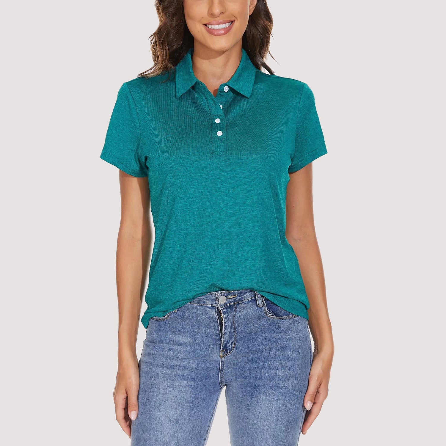 Women's moisture-wicking 4-button polo shirt in breathable quick-dry fabric with tag-free comfort