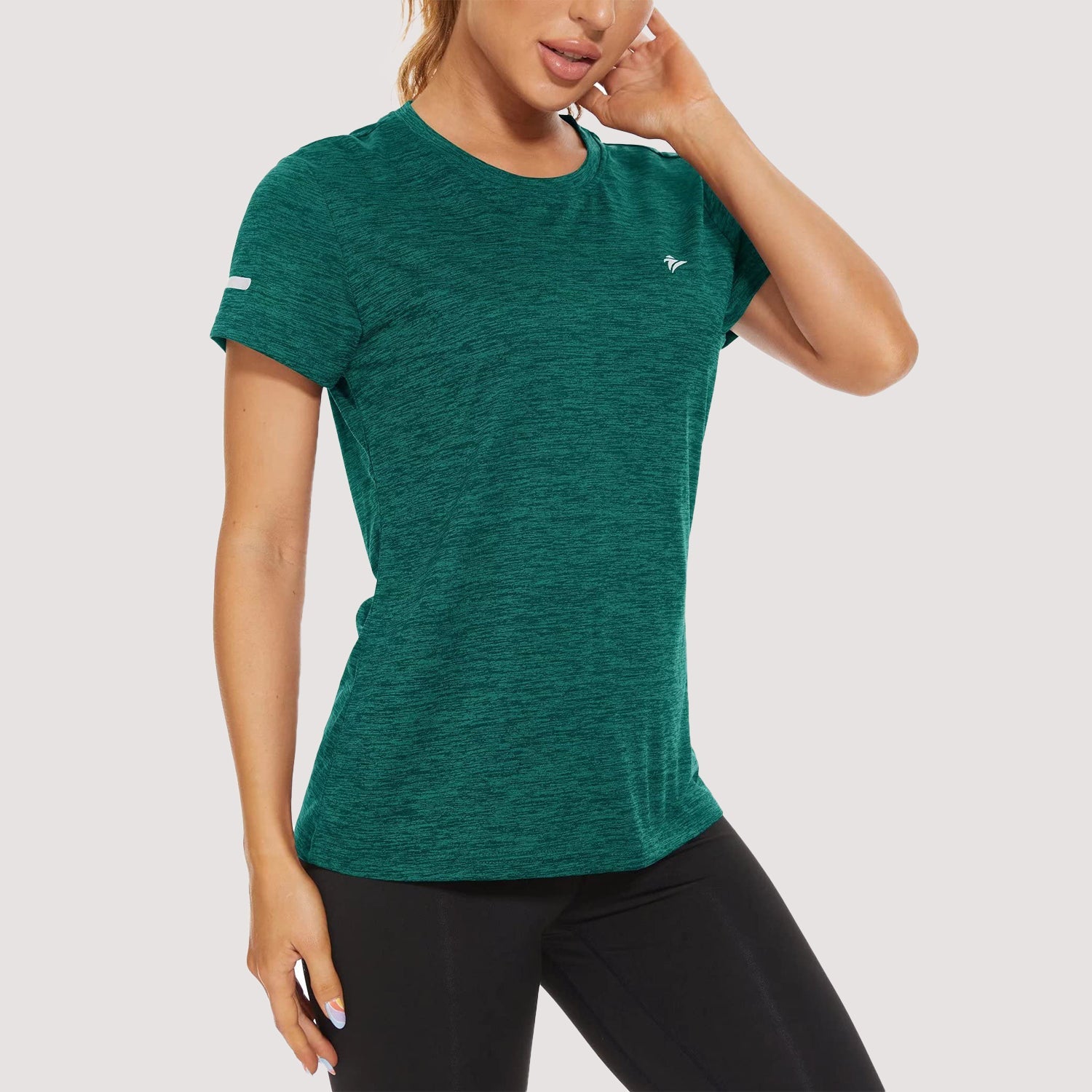 Women's quick-dry moisture-wicking running tee with reflective strips, lightweight athletic fit