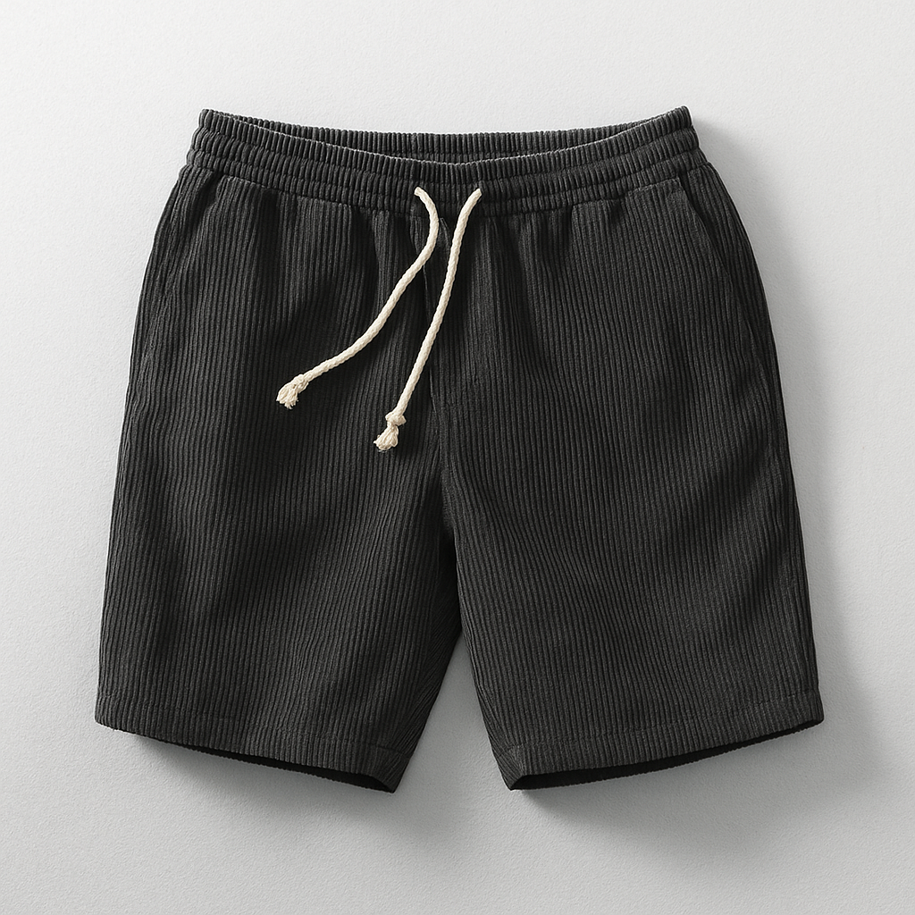 Men's brown corduroy relaxed-fit shorts with drawstring waist, soft-washed vintage casual style