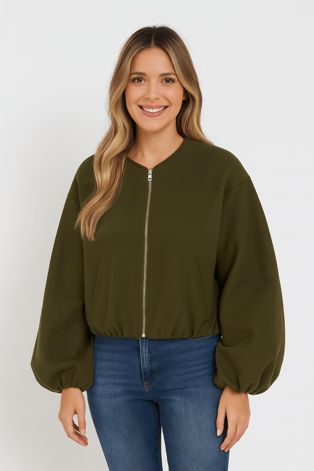 Women's textured zip-up jacket with balloon sleeves and cuffed modern casual silhouette
