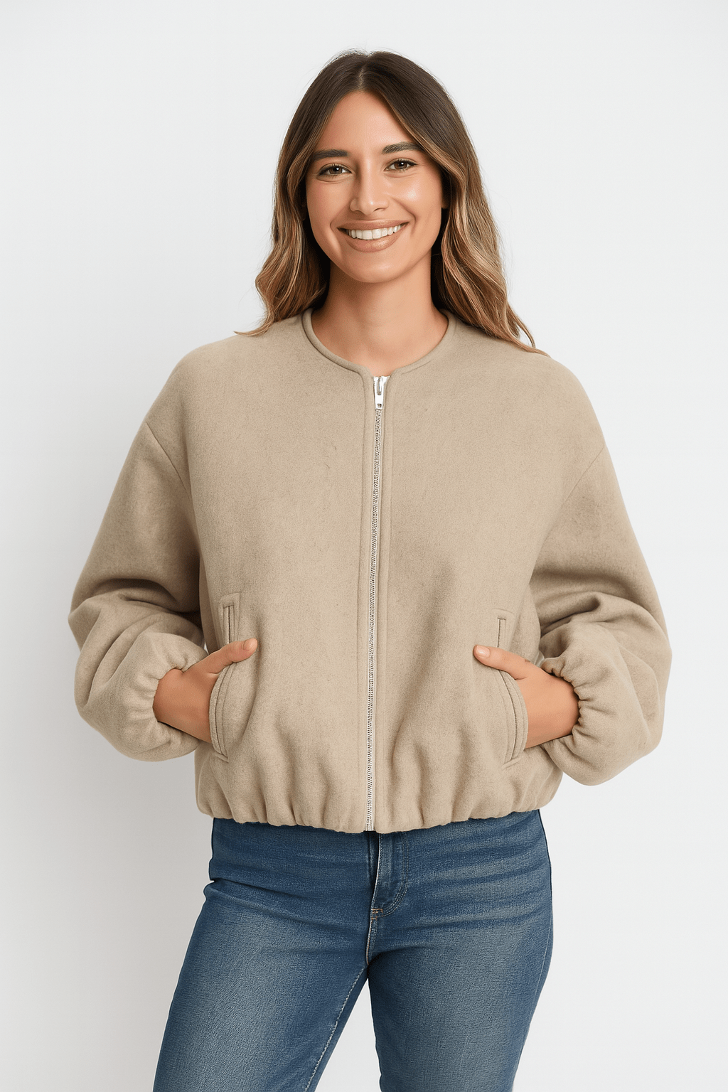 Women's casual zipper jacket balloon sleeves soft textured fabric modern relaxed fit