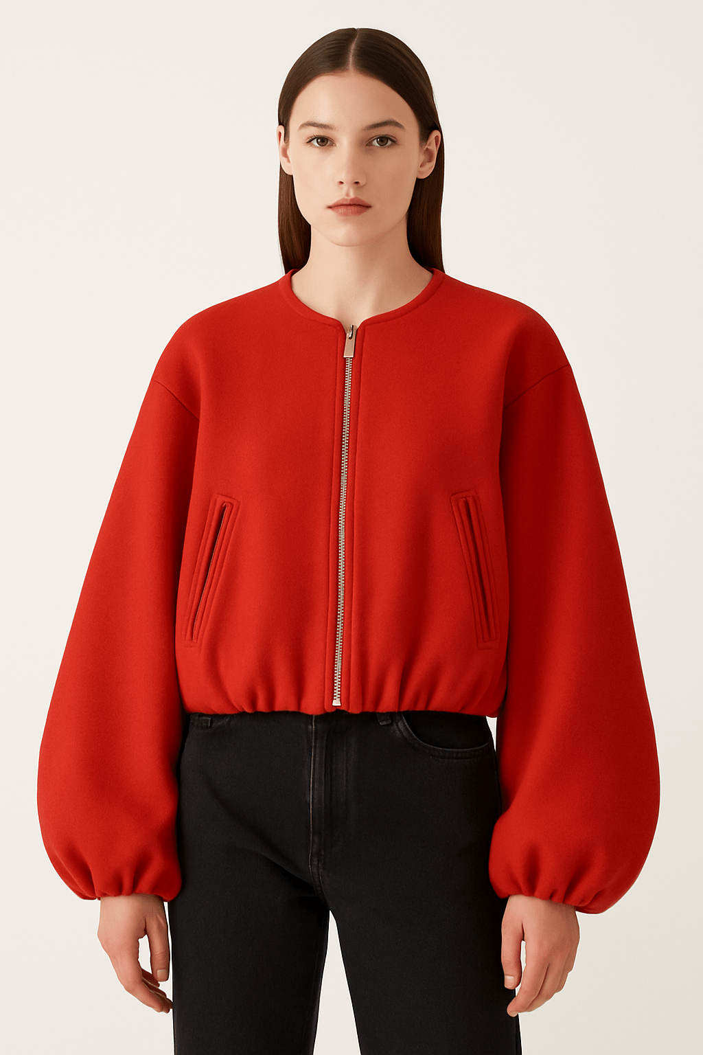 Women's casual zipper jacket balloon sleeves soft textured fabric modern relaxed fit