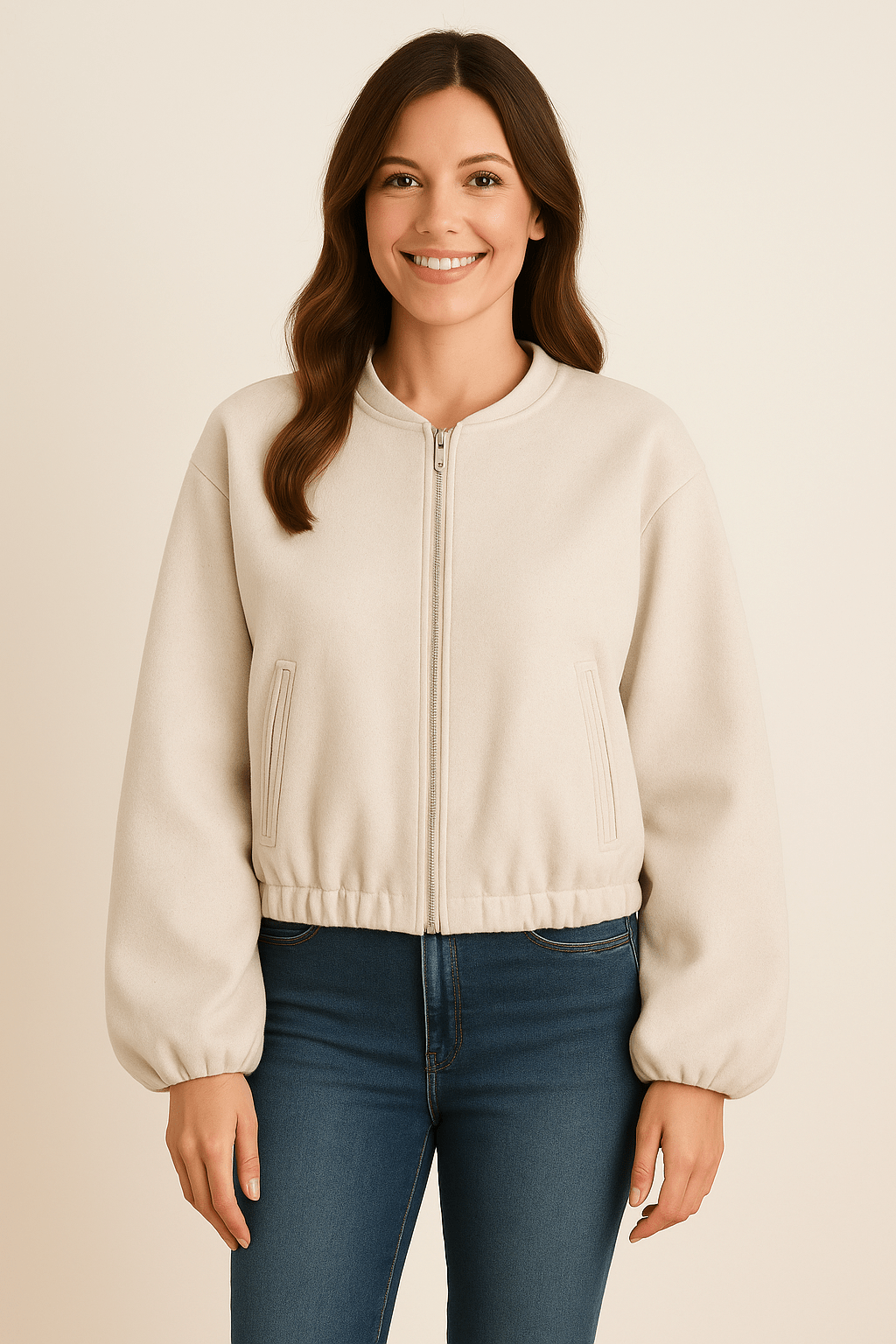 Women's casual zipper jacket balloon sleeves soft textured fabric modern relaxed fit