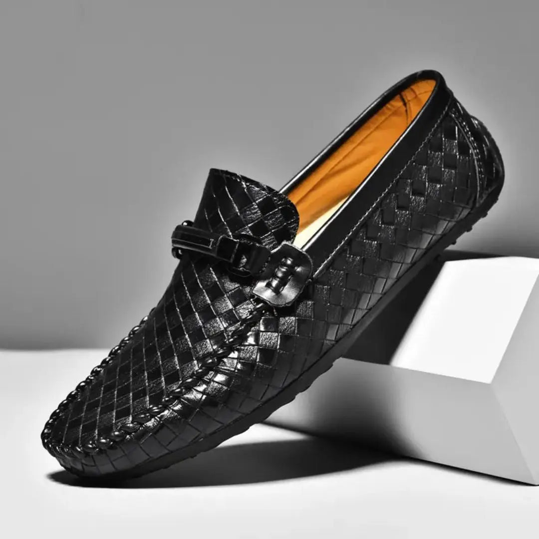Men's tan genuine leather artisan weave slip-on loafers with breathable woven texture