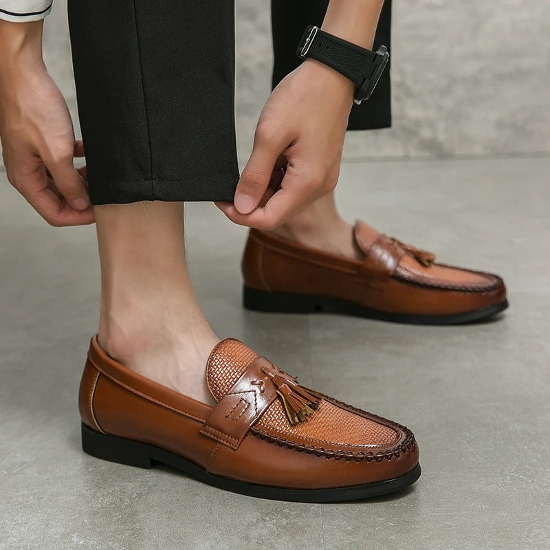 Emilio brown genuine leather loafers slip-on style with handwoven texture and tassel accents