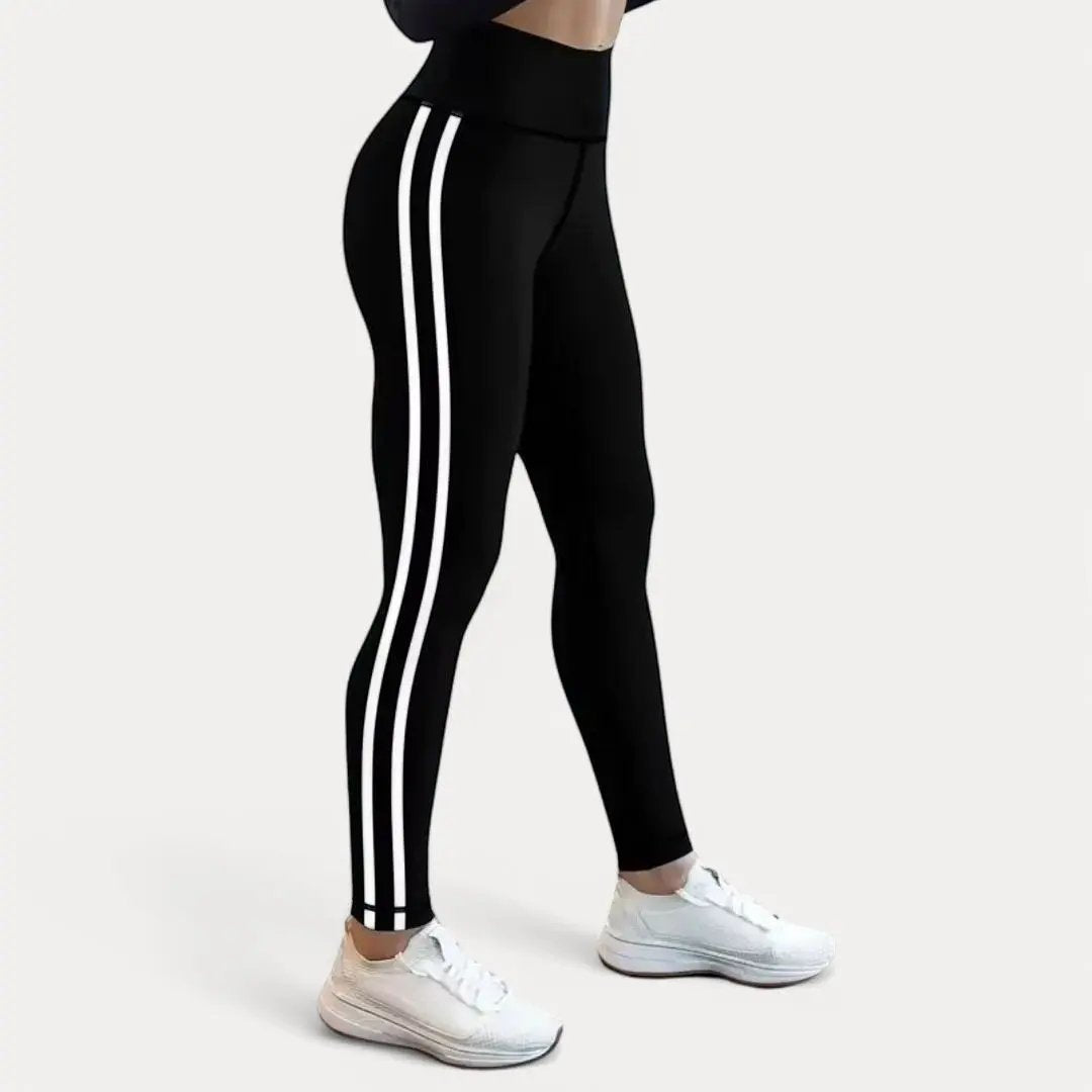 Women's black gym leggings high waist stretchy breathable fabric with double white stripe detail