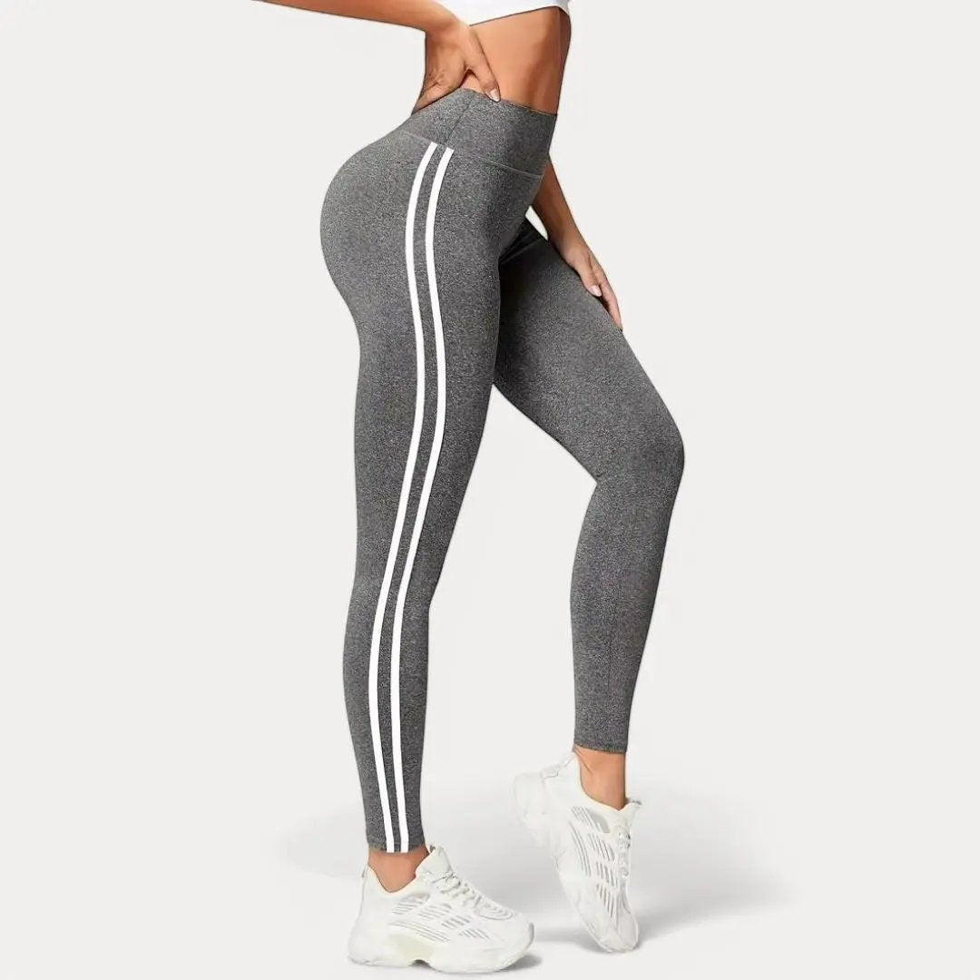 Women's black gym leggings high waist breathable stretch fabric with double white stripe detail