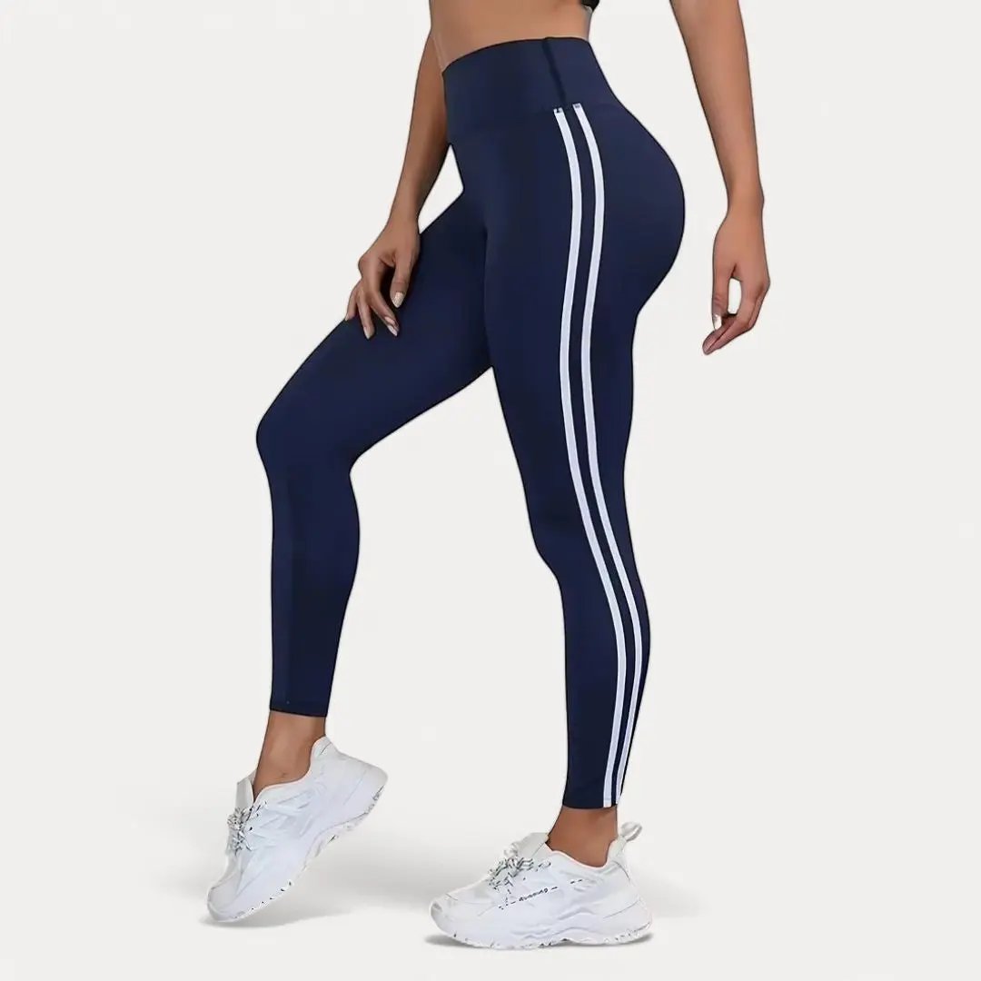 Women's black gym leggings high waist stretch fabric with double white stripe side detail
