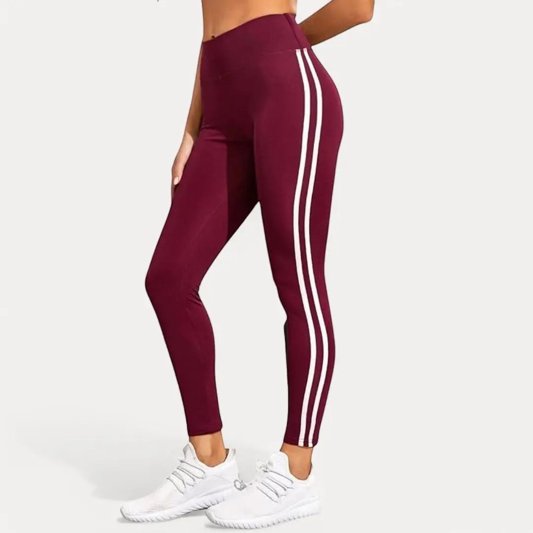 Women's black gym leggings high waist stretch fabric with double white stripe side detail