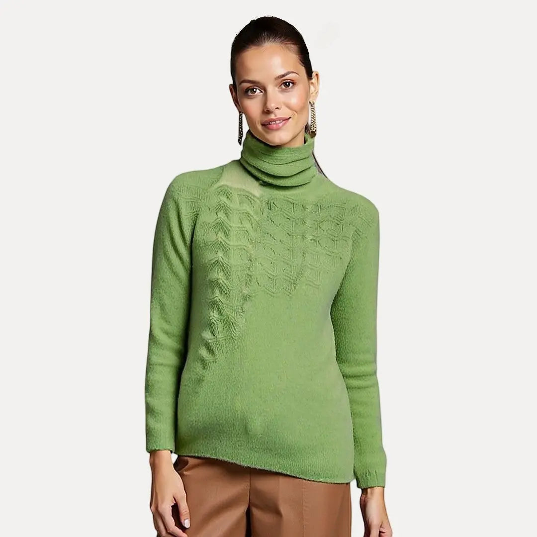 Women's cream turtleneck sweater silky acrylic knit cozy high collar elegant everyday style