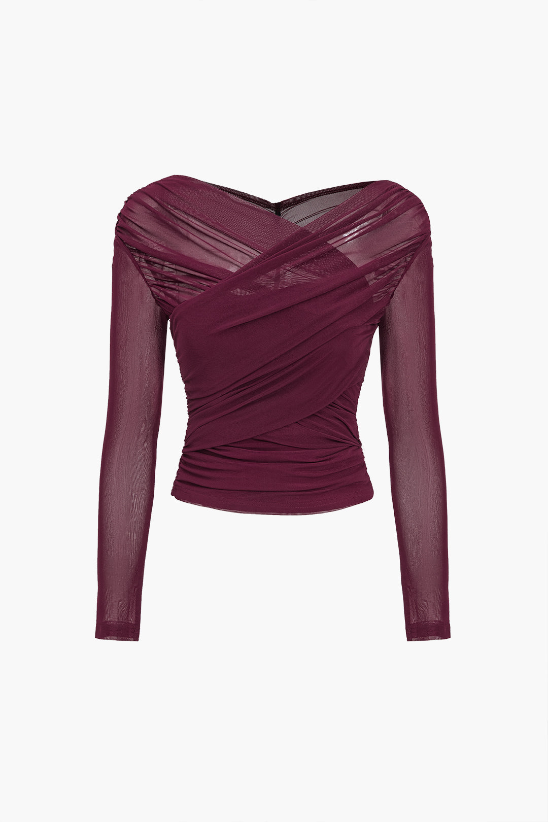 Women's sheer mesh ruched long sleeve top see-through night out style with sculpted silhouette