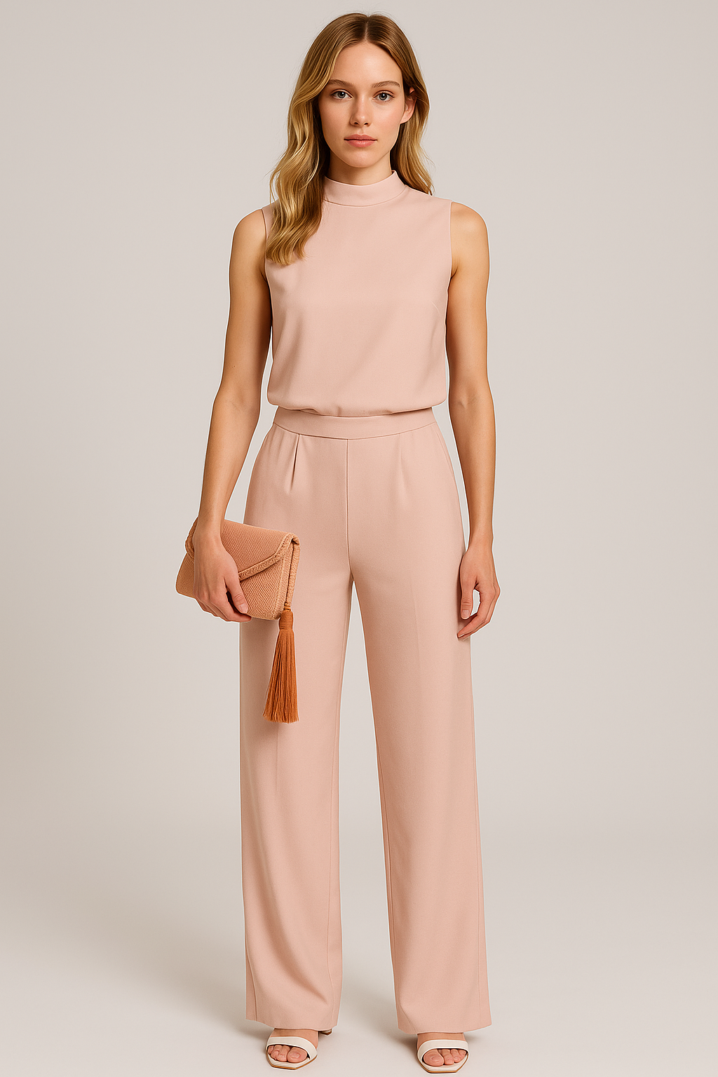 Women's sleeveless wide-leg jumpsuit mock neck summer chic day-to-night silhouette