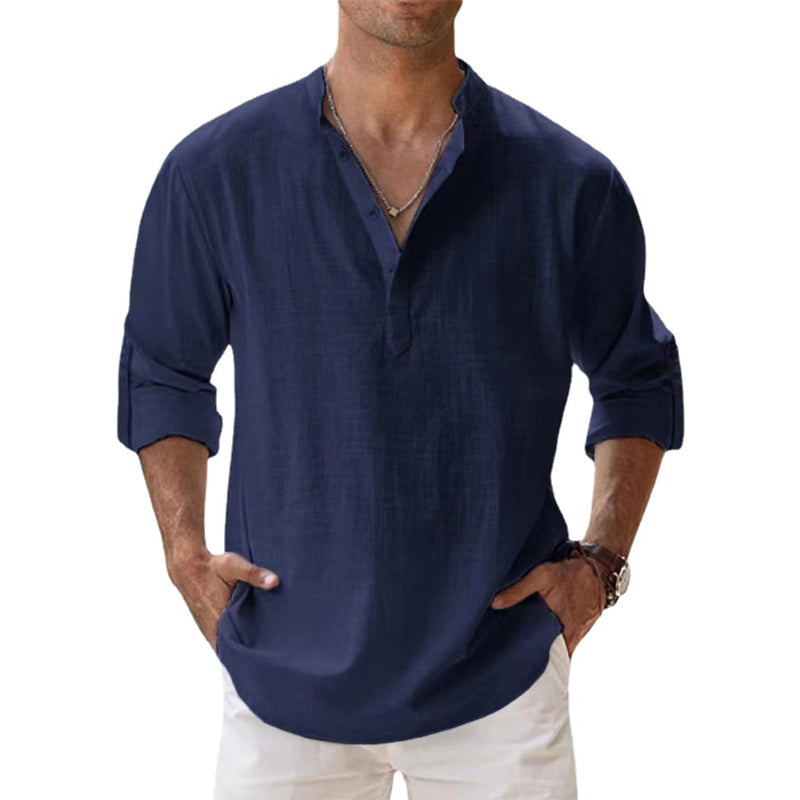 Men's light beige linen Henley shirt relaxed fit with button placket, breathable summer style