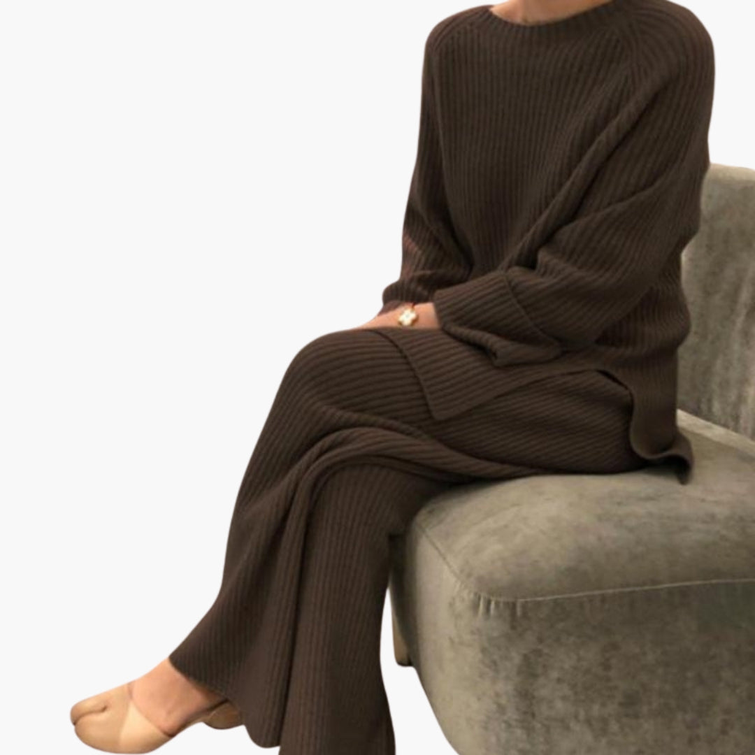 Women's ribbed relaxed loungewear set with pullover top and wide-leg pants featuring raglan sleeves