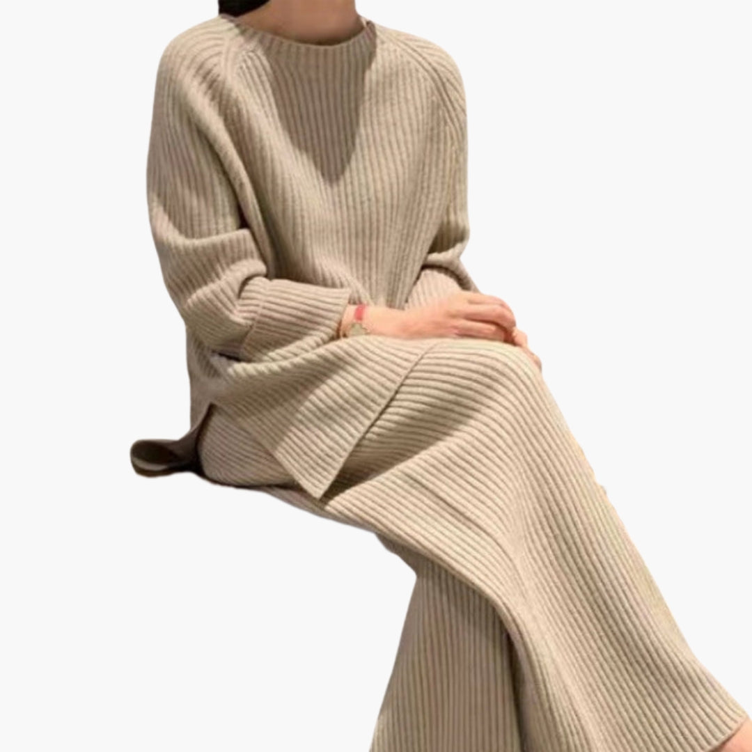 Women's ribbed relaxed loungewear set with pullover top and wide leg pants, raglan sleeve cozy knit