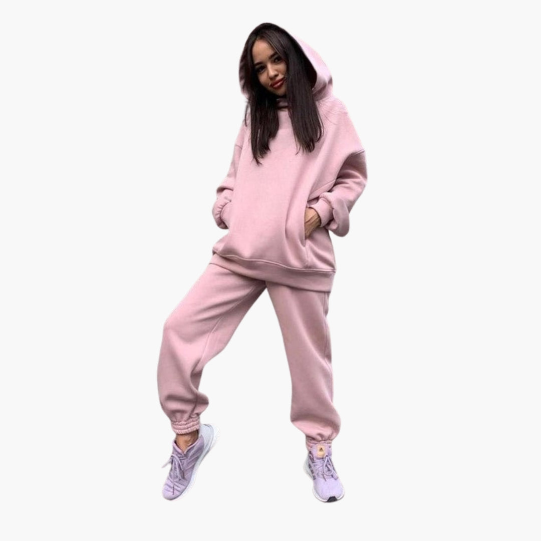 Women's heather gray hoodie and jogger set with elastic waist, relaxed fit cozy two-piece loungewear