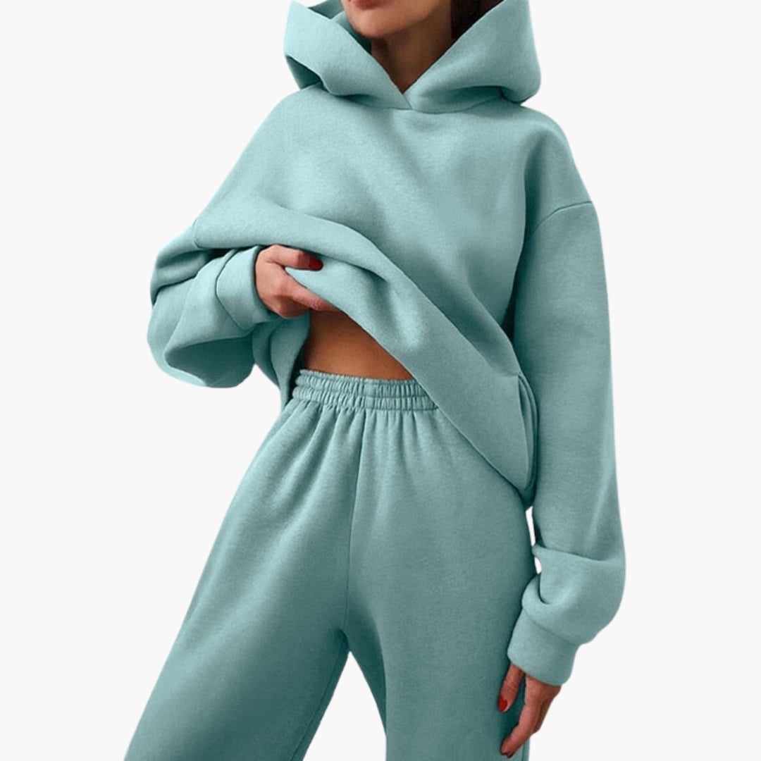 Women's gray jogging set hoodie dropped shoulders relaxed fit matching elastic waist ankle pants
