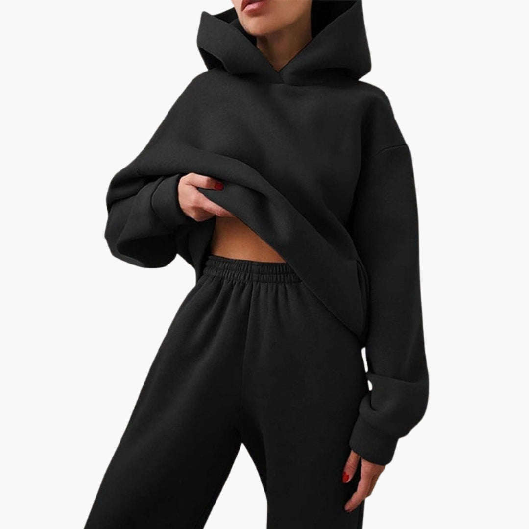 Women's gray jogging set hoodie relaxed fit dropped shoulders matching elastic waist ankle pants