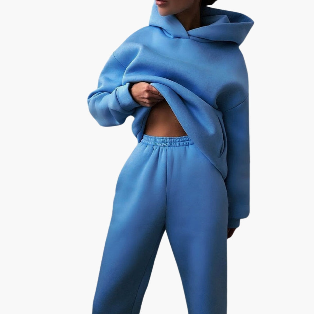 Women's gray jogging set hoodie relaxed-fit dropped shoulders matching elastic waist ankle pants