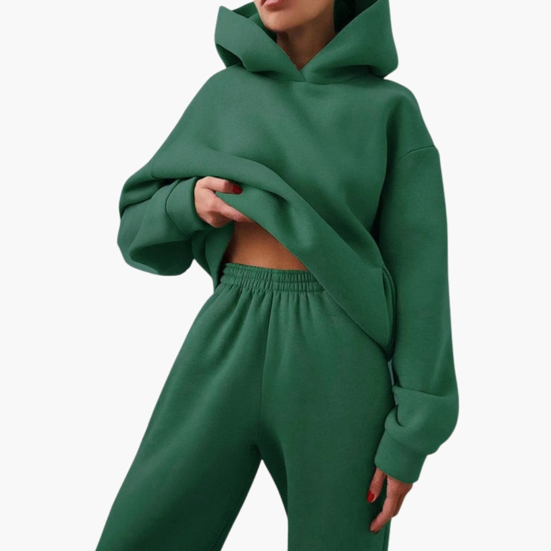 Women's burgundy relaxed-fit jogging set with dropped-shoulder hoodie and elastic waist ankle pants