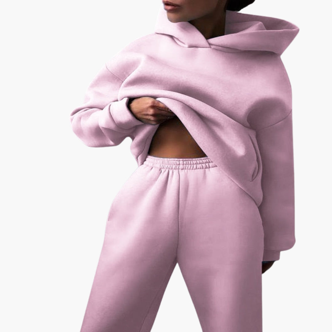 Women's gray jogging set hoodie dropped shoulders relaxed fit matching elastic waist ankle pants