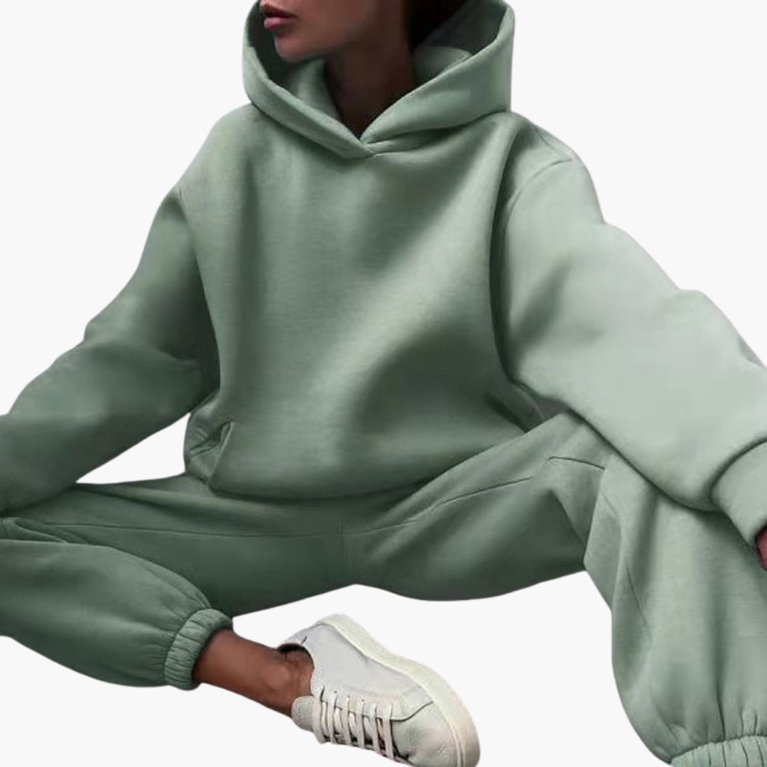 Women's gray jogging set hoodie dropped shoulders relaxed fit matching elastic waist ankle pants