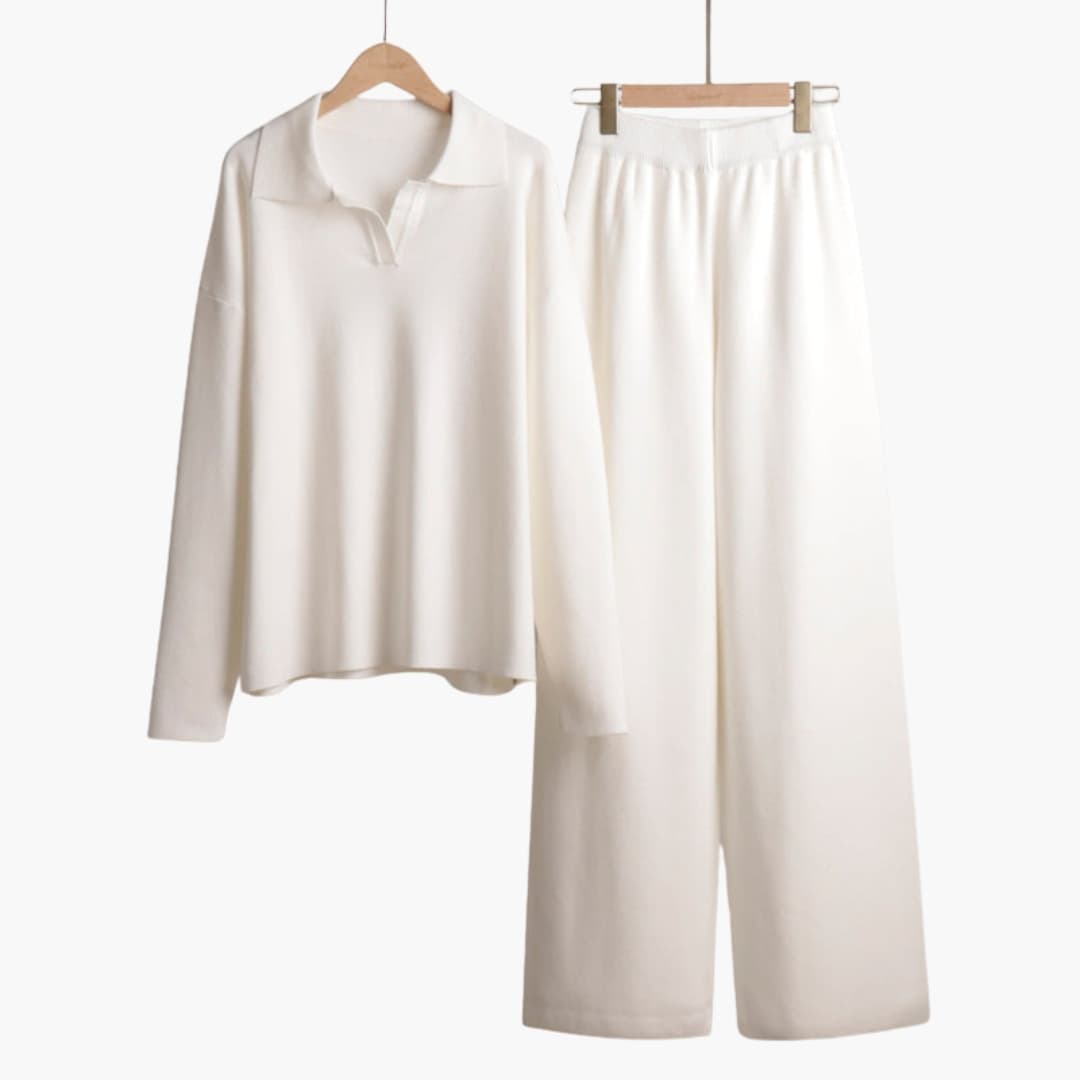 Women's loungewear set with oversized sweater and wide-leg pants in neutral woven fabric for cozy layering