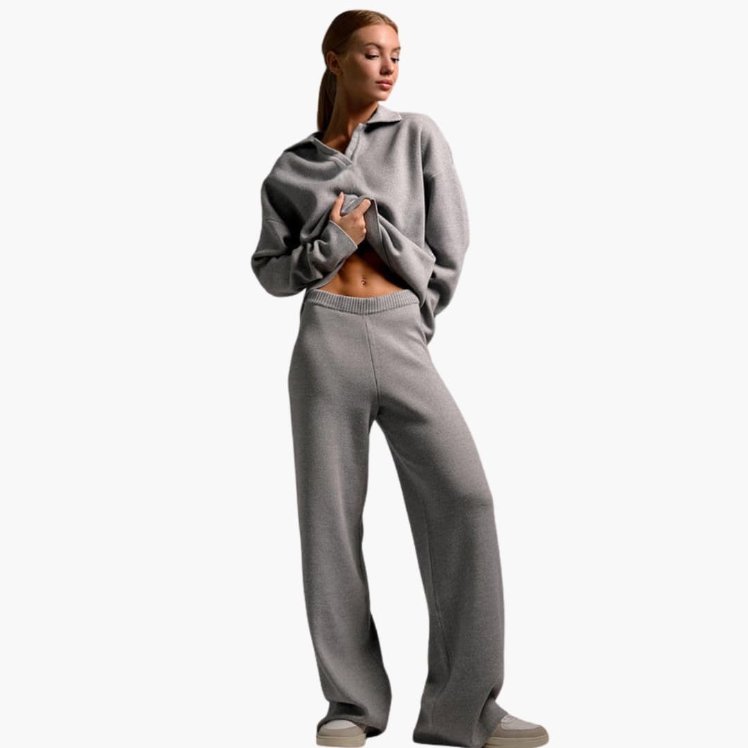 Women's loungewear set with oversized sweater and wide-leg pants in neutral woven fabric for cozy layering