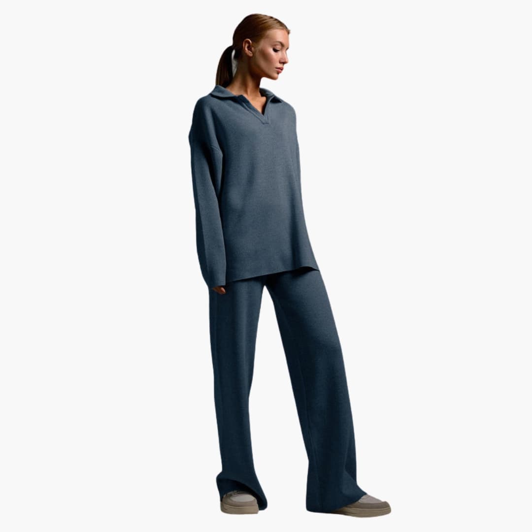 Women's loungewear set with oversized sweater and wide-leg pants, relaxed fit in neutral woven fabric