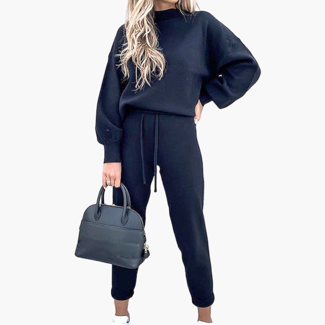 Women's beige oversized sweater and high-waisted jogger loungewear set with lantern sleeves