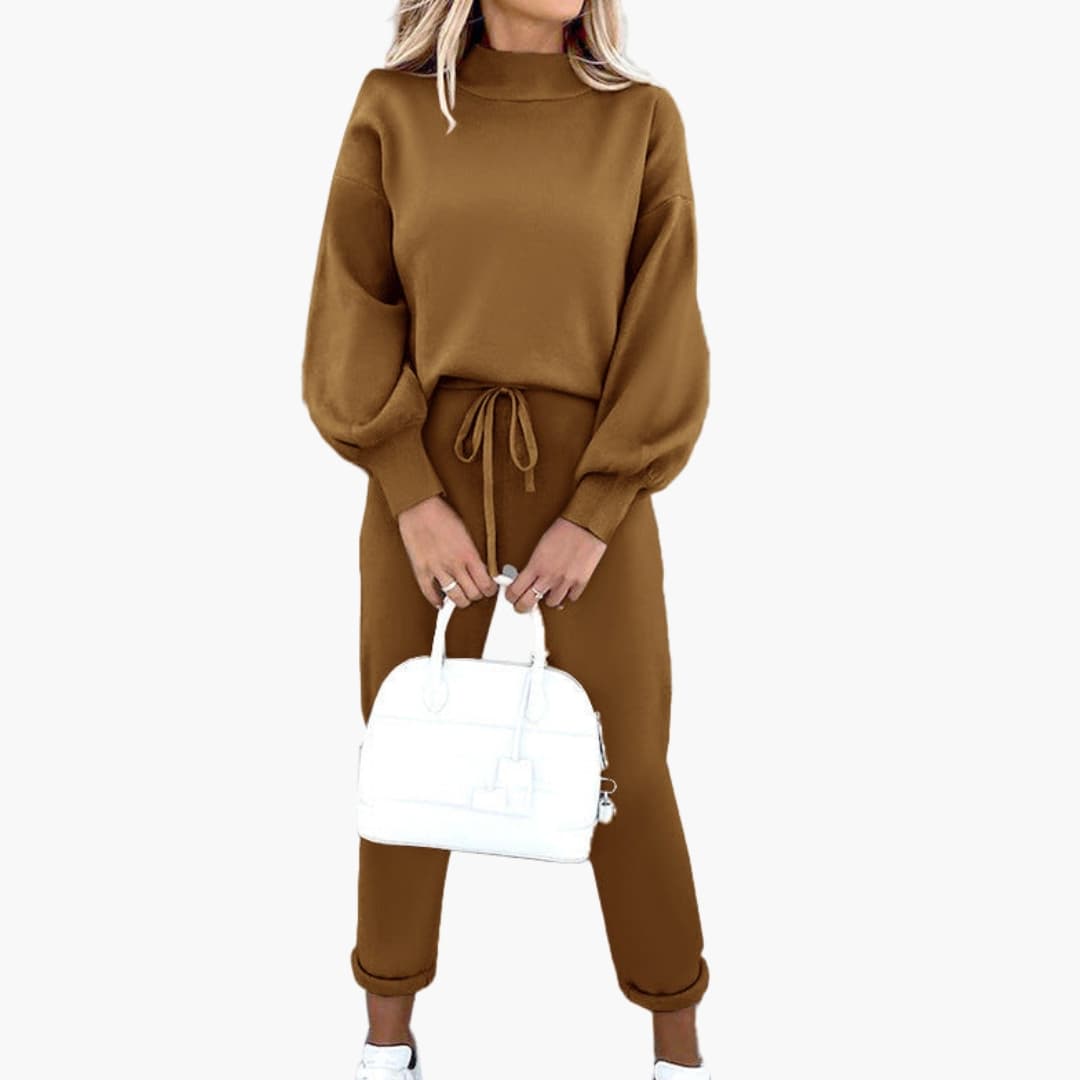 Women's beige oversized sweater and high-waisted joggers loungewear set with lantern sleeves