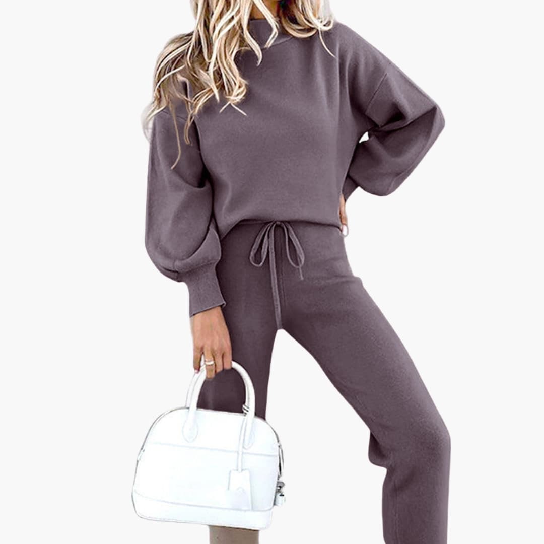 Women's oversized sweater loungewear set high-waisted joggers solid cozy relaxed fit lantern sleeves