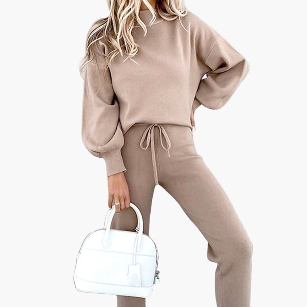 Women's beige oversized sweater and high-waisted joggers loungewear set with lantern sleeves