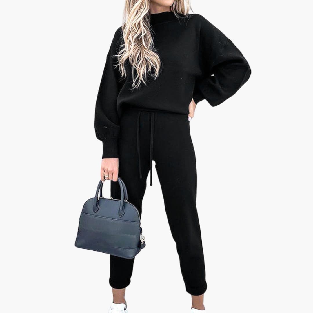 Women's oversized sweater loungewear set high-waisted joggers solid cozy two-piece with lantern sleeves