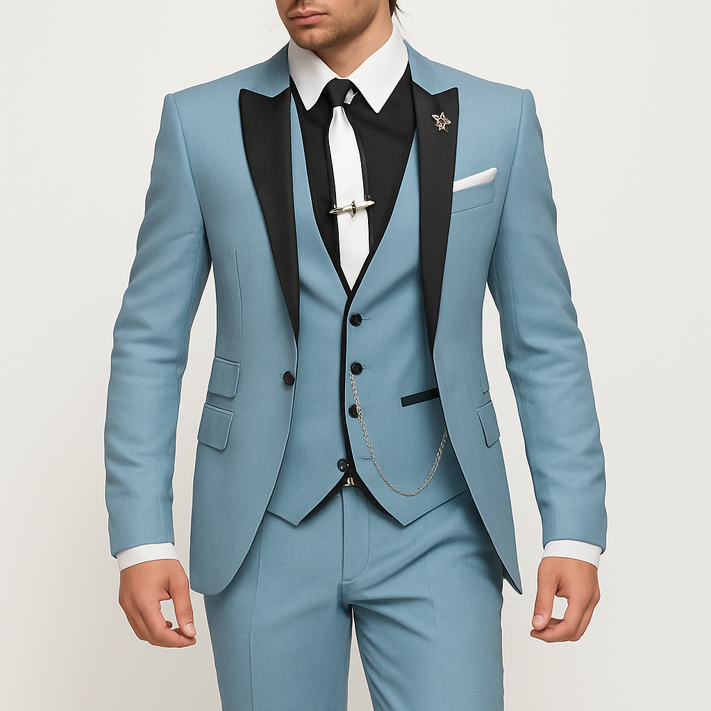 Men's three-piece linen suit in neutral tone, tailored blazer vest trousers set for business or wedding