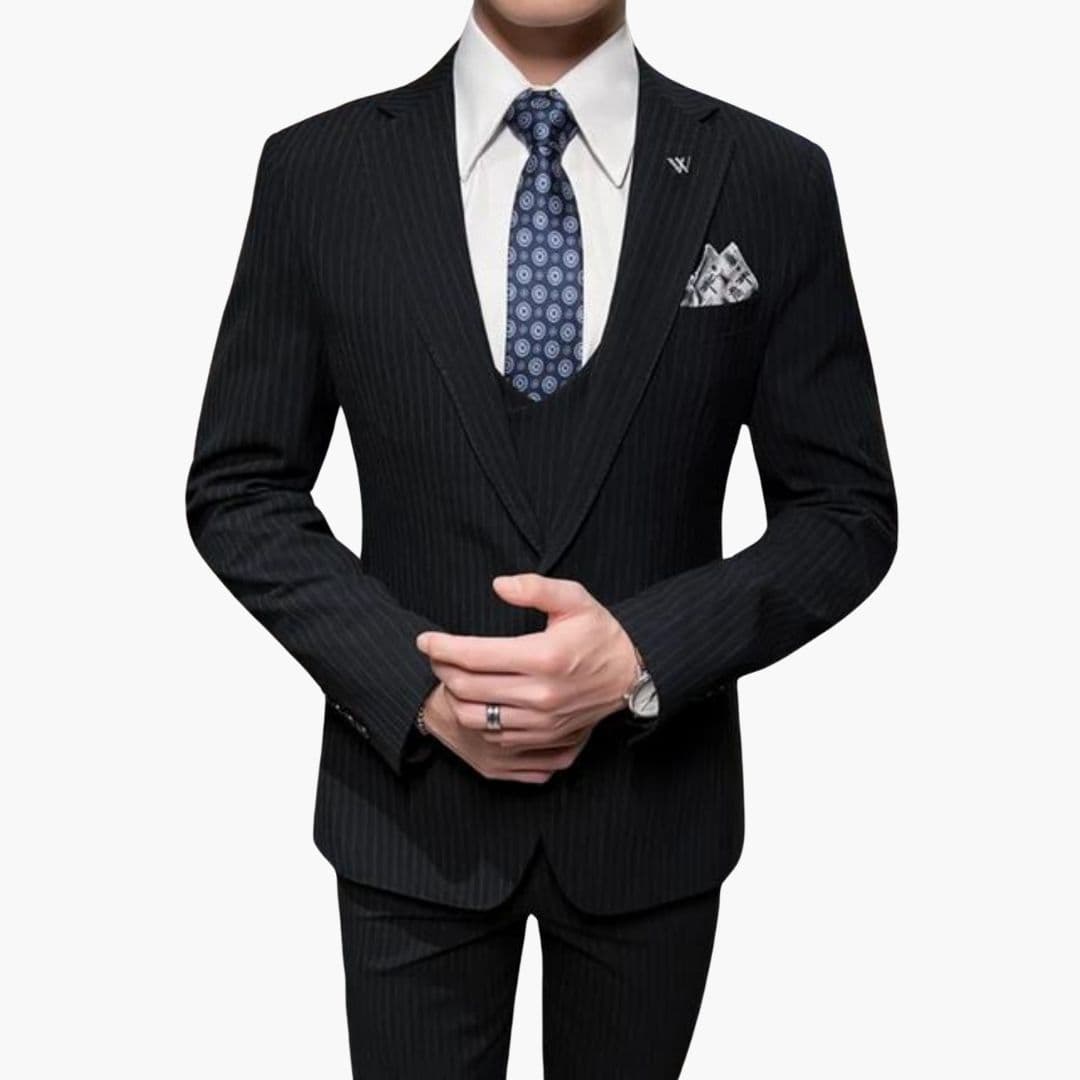 Men's slim fit three-piece business suit set with notched collar vest, jacket, and trousers for professionals