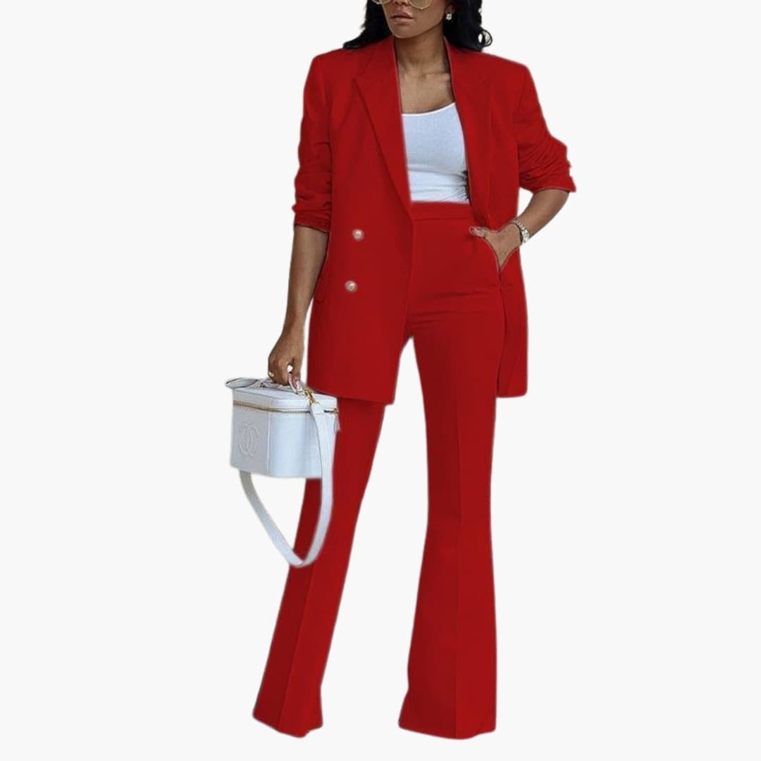 Women's double-breasted longline blazer and high-waisted flared pants suit set for work