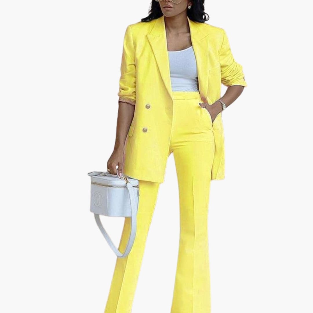 Women's double-breasted blazer and high-waisted flared pants two-piece suit set for work
