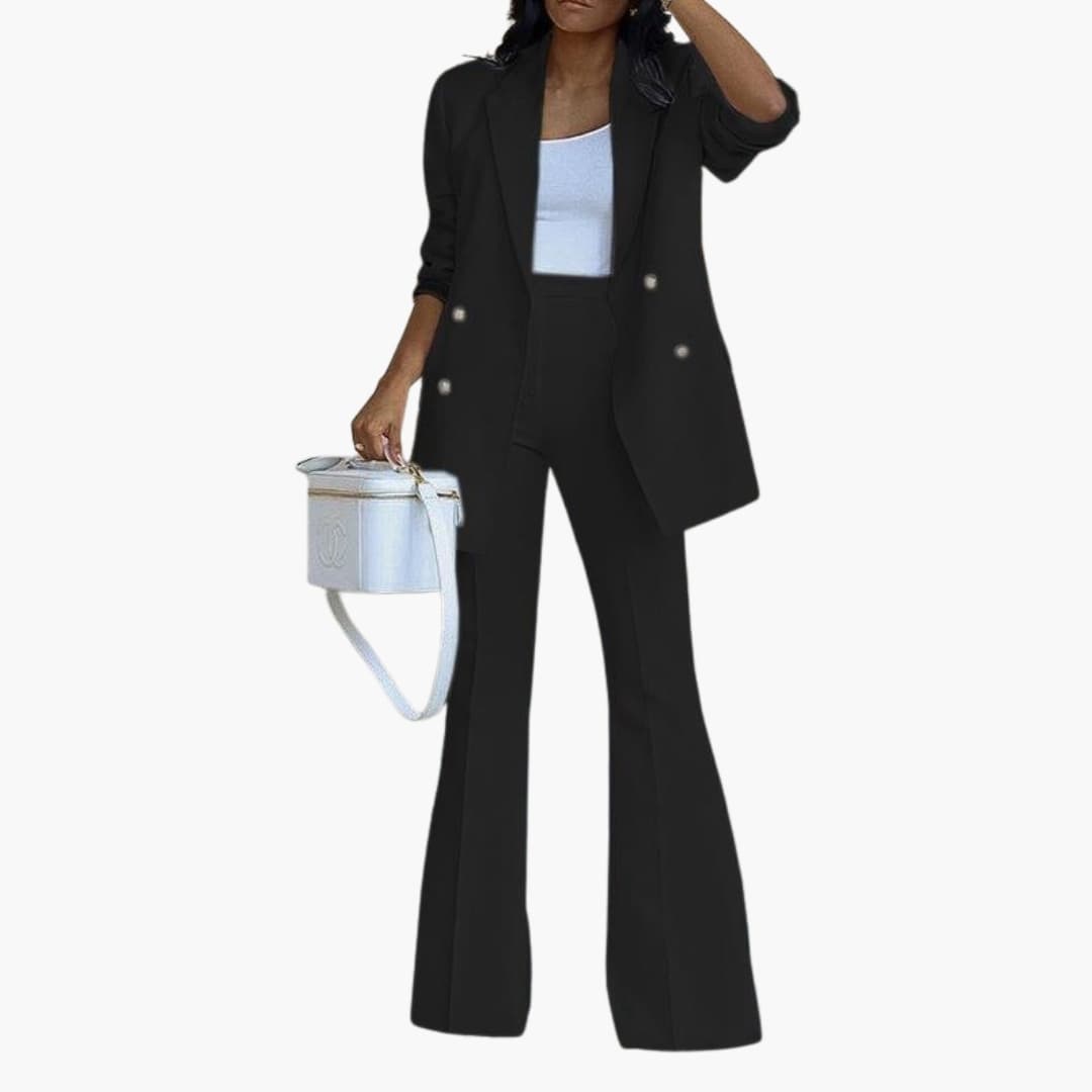 Women's double-breasted longline blazer and high-waisted flared pants suit set for work